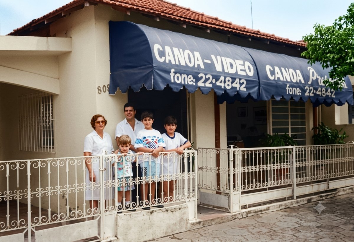 Fachada original da Canoa Video na Rua Municipal, 809, com a família fundadora, em 1991